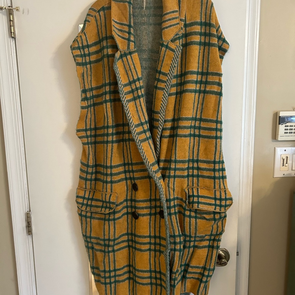 Free People Mustard and Teal Plaid Sleeveless Cardigan